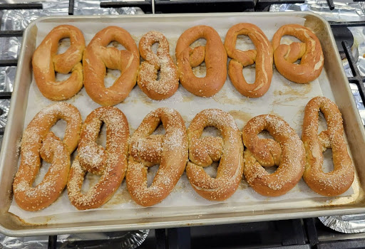 Oven tray with two rows of soft pretzels